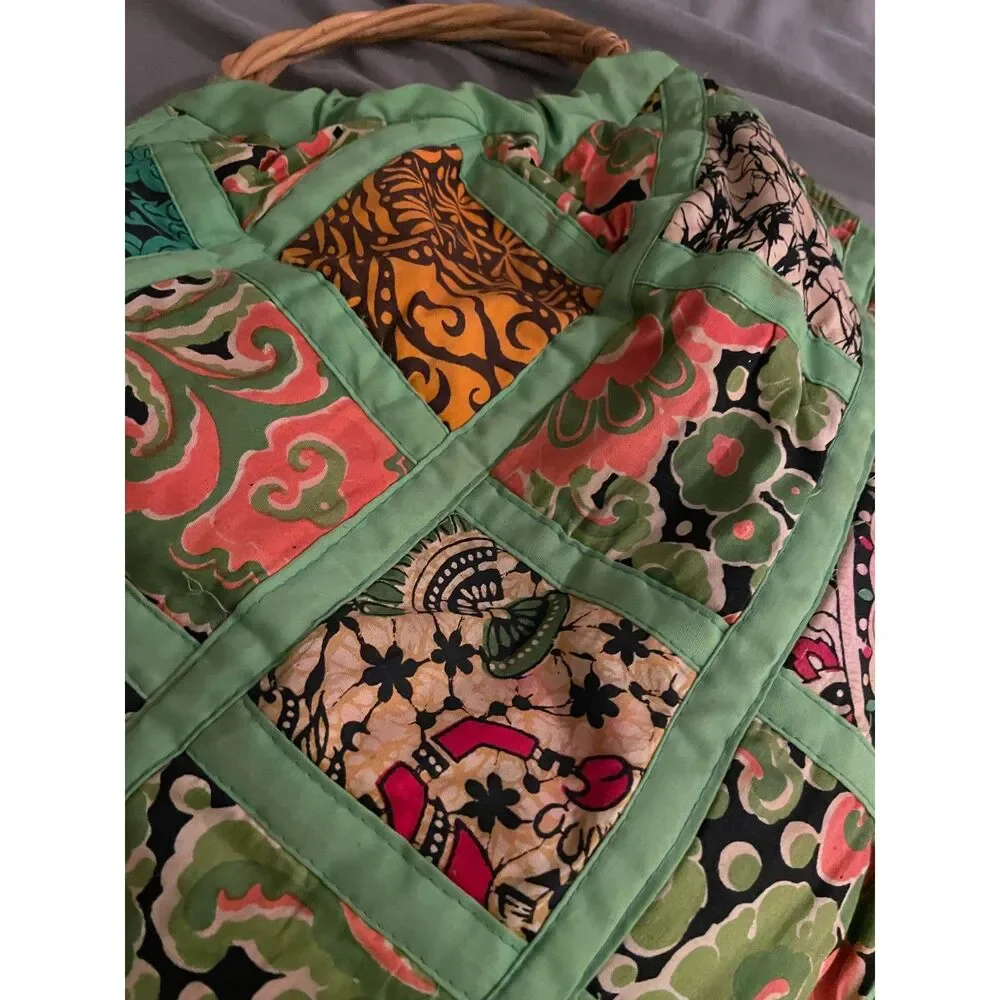 Vintage Handmade quilted patchwork hobo bag rattan handle water resistant lining